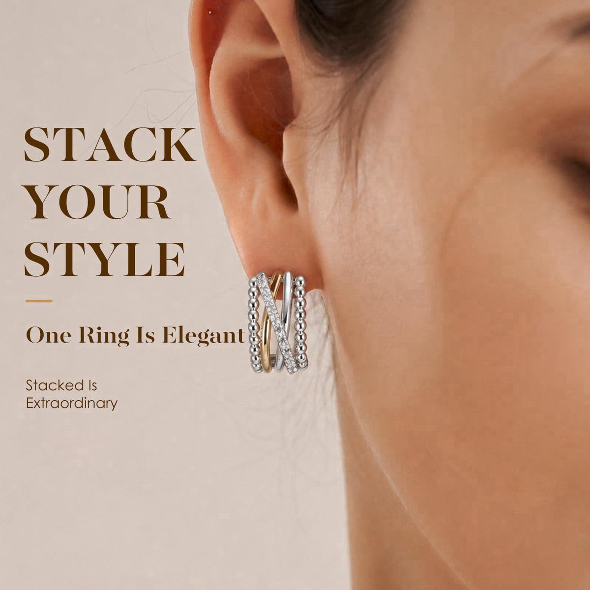 MWAHXIAO Two Tone Jewelry Twisted CZ Hoop Stud Earrings Rhodium Plated Beaded Multi Layer Cuff Earrings Minimal Luxury J