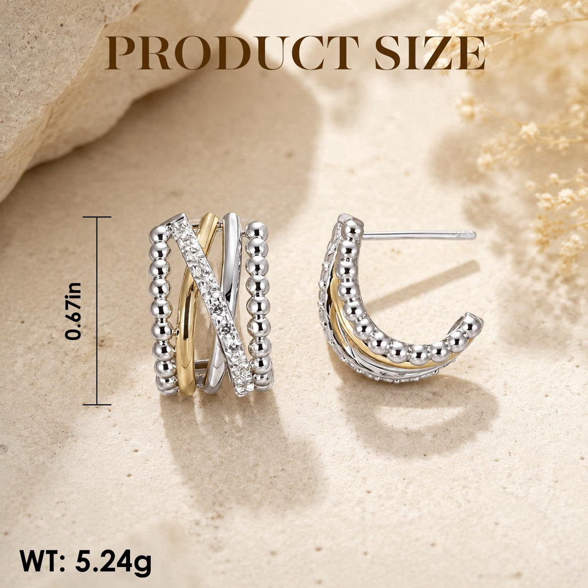 MWAHXIAO Two Tone Jewelry Twisted CZ Hoop Stud Earrings Rhodium Plated Beaded Multi Layer Cuff Earrings Minimal Luxury J