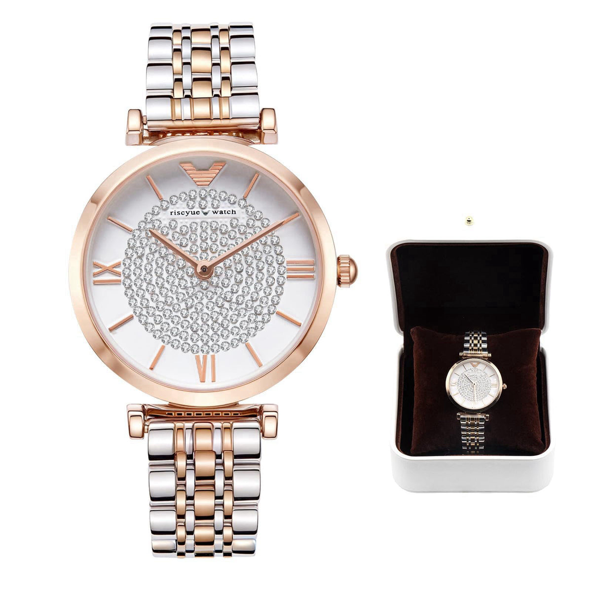 LEO RING Women's Luxury Crystal Diamond Watch - Big Face Round Dial with Roman Numerals, Two-Tone Stainless Steel Bracel