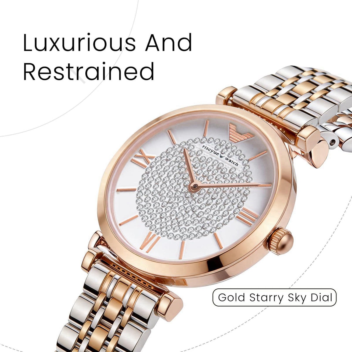 LEO RING Women's Luxury Crystal Diamond Watch - Big Face Round Dial with Roman Numerals, Two-Tone Stainless Steel Bracel