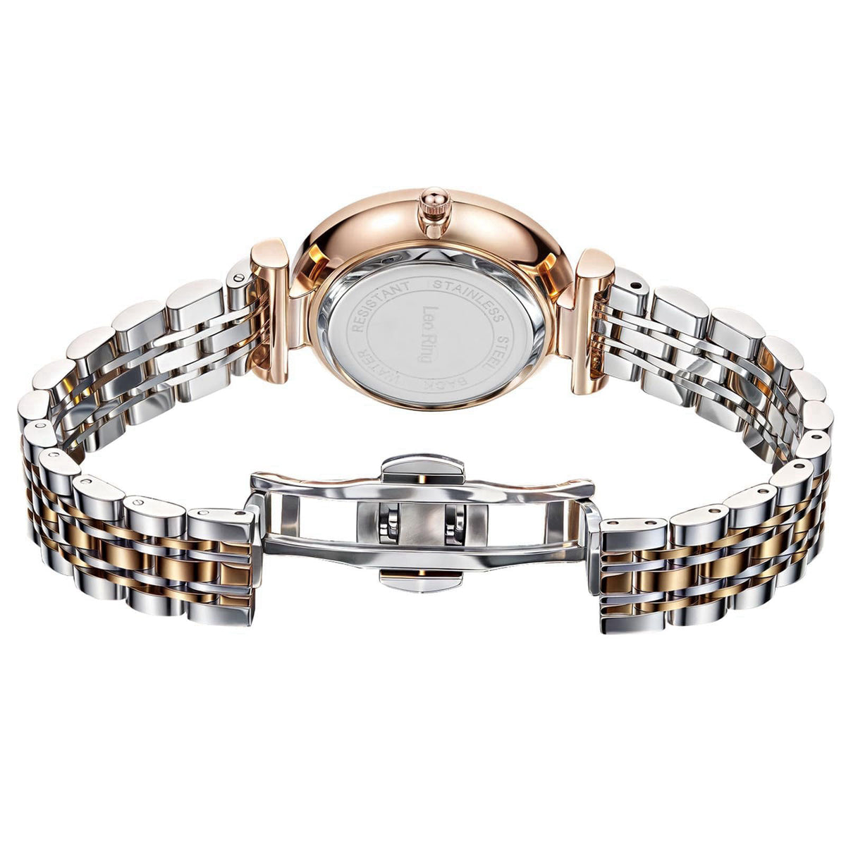 LEO RING Women's Luxury Crystal Diamond Watch - Big Face Round Dial with Roman Numerals, Two-Tone Stainless Steel Bracel