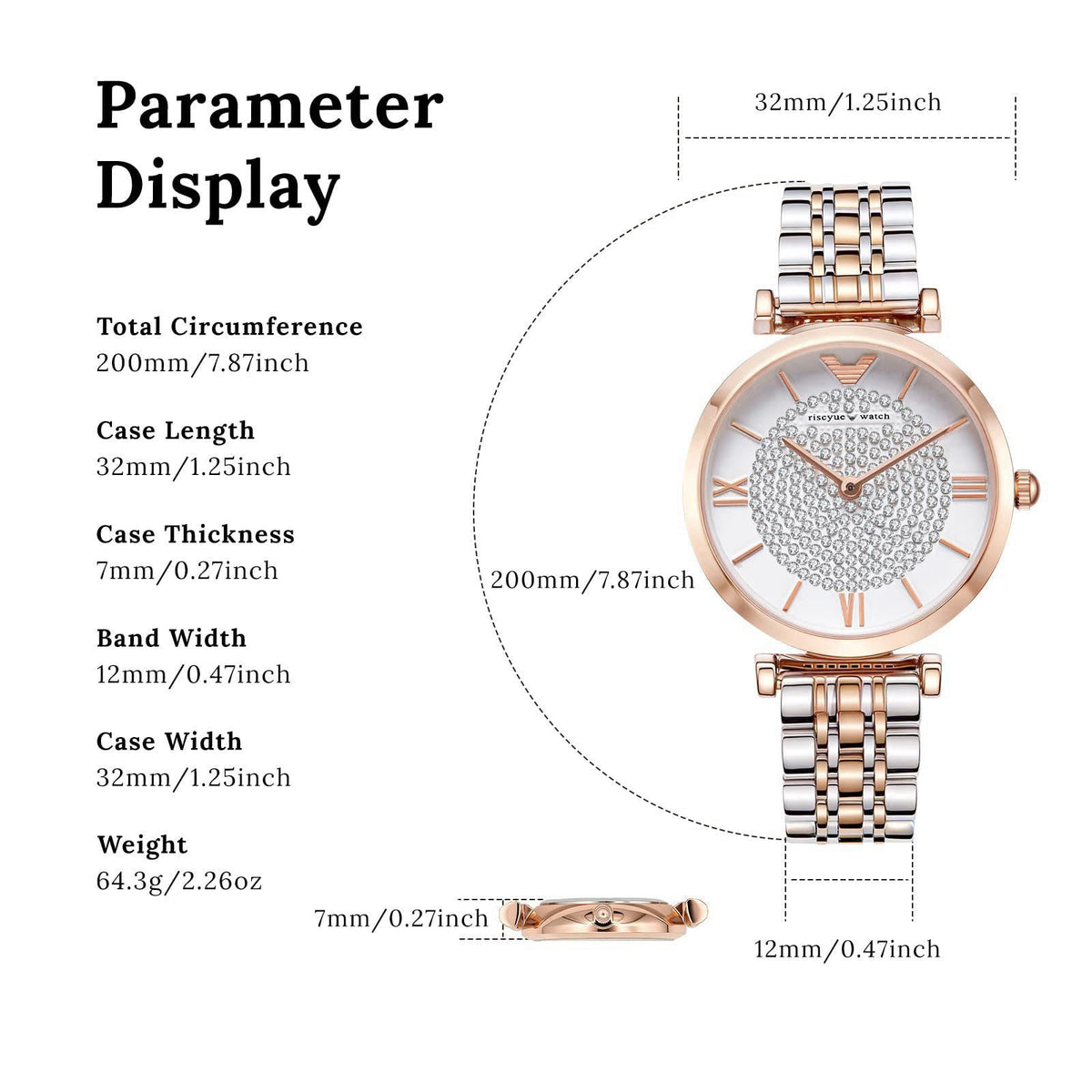 LEO RING Women's Luxury Crystal Diamond Watch - Big Face Round Dial with Roman Numerals, Two-Tone Stainless Steel Bracel