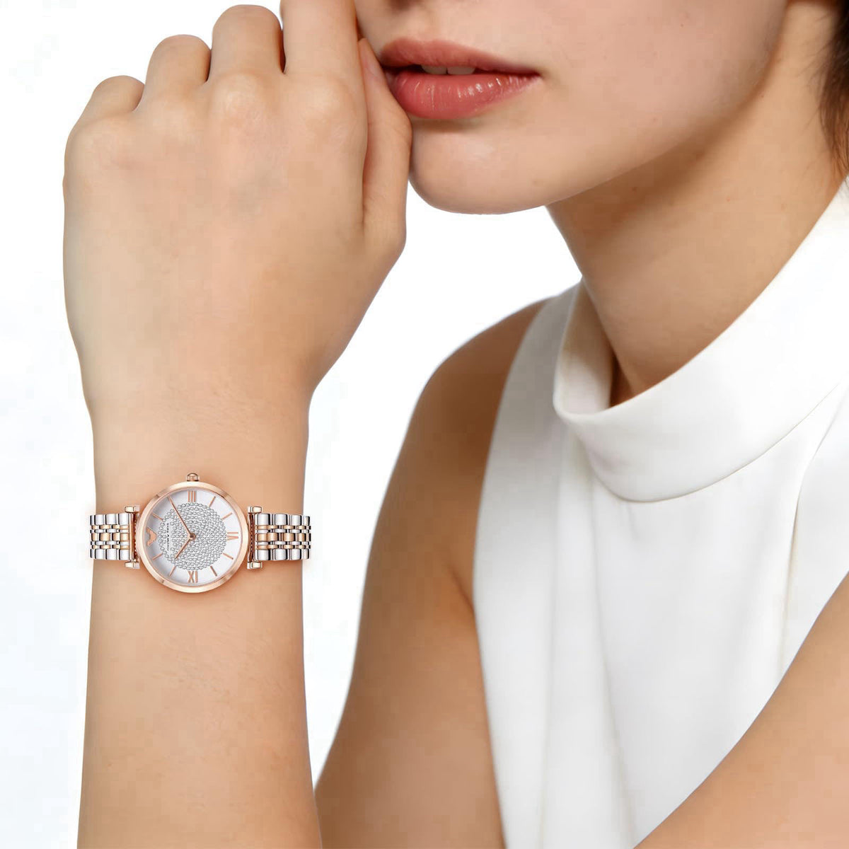 LEO RING Women's Luxury Crystal Diamond Watch - Big Face Round Dial with Roman Numerals, Two-Tone Stainless Steel Bracel