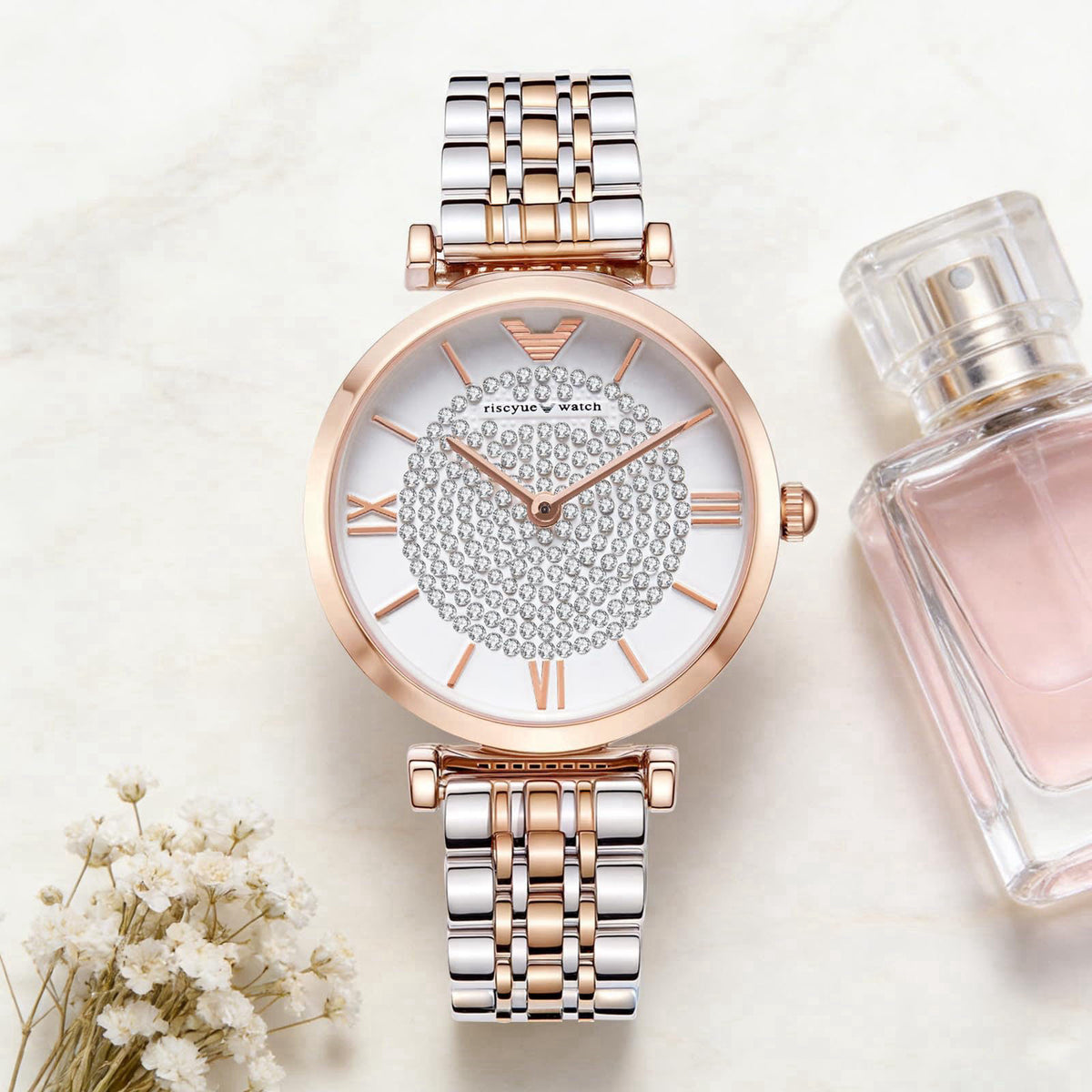 LEO RING Women's Luxury Crystal Diamond Watch - Big Face Round Dial with Roman Numerals, Two-Tone Stainless Steel Bracel