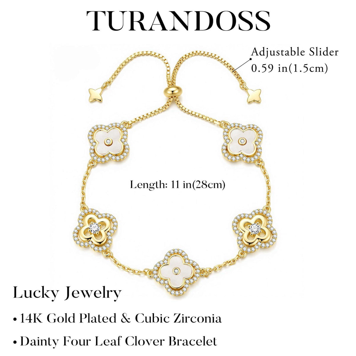 Turandoss 14K Gold Plated Clover Bracelet for Women Lucky Jewelry Gifts – back view and specifications