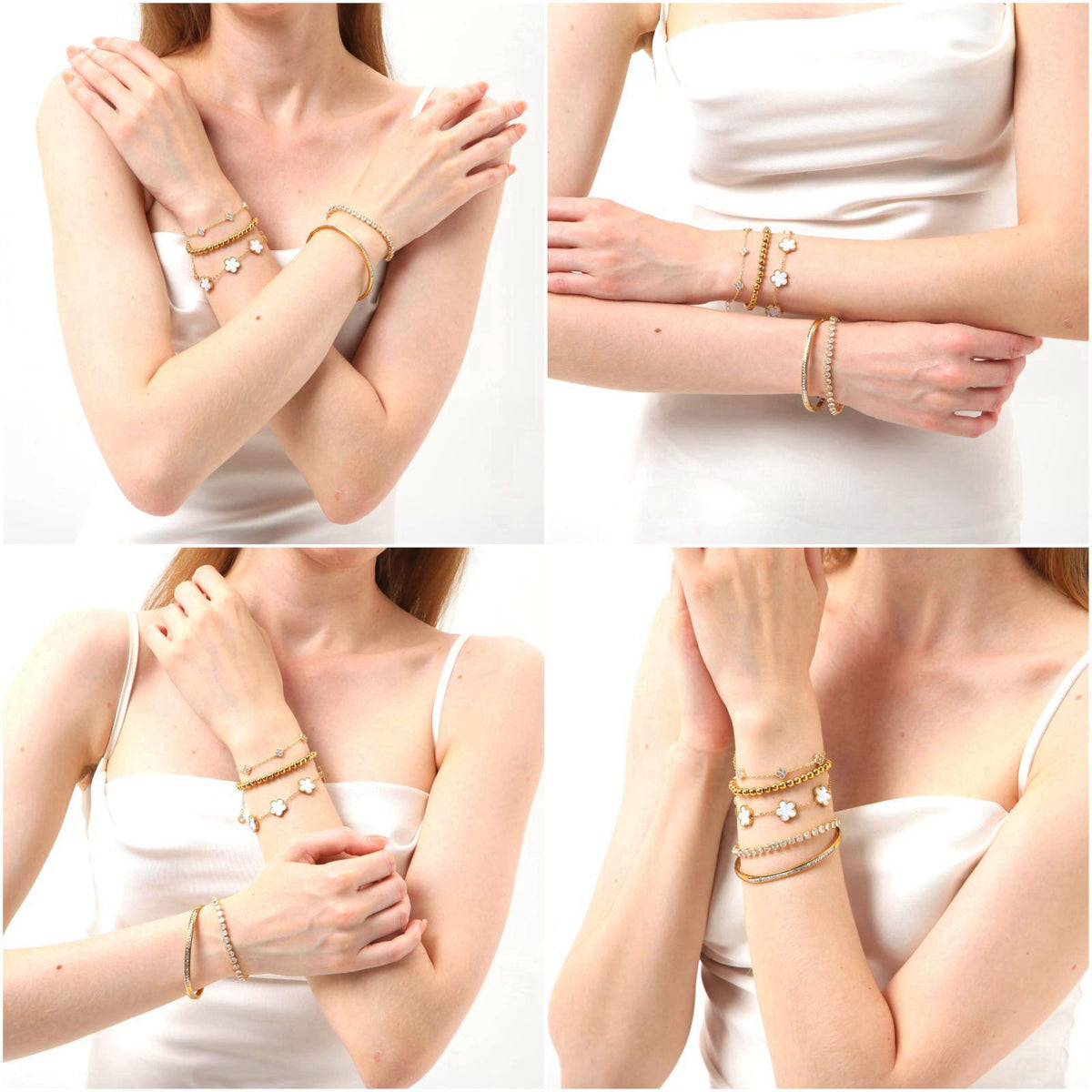 SLYSZMC 18K Gold Plated Clover Bracelet Set for Women - Four Leaf Lucky Clover Stackable Bracelets, Adjustable Beaded Ch