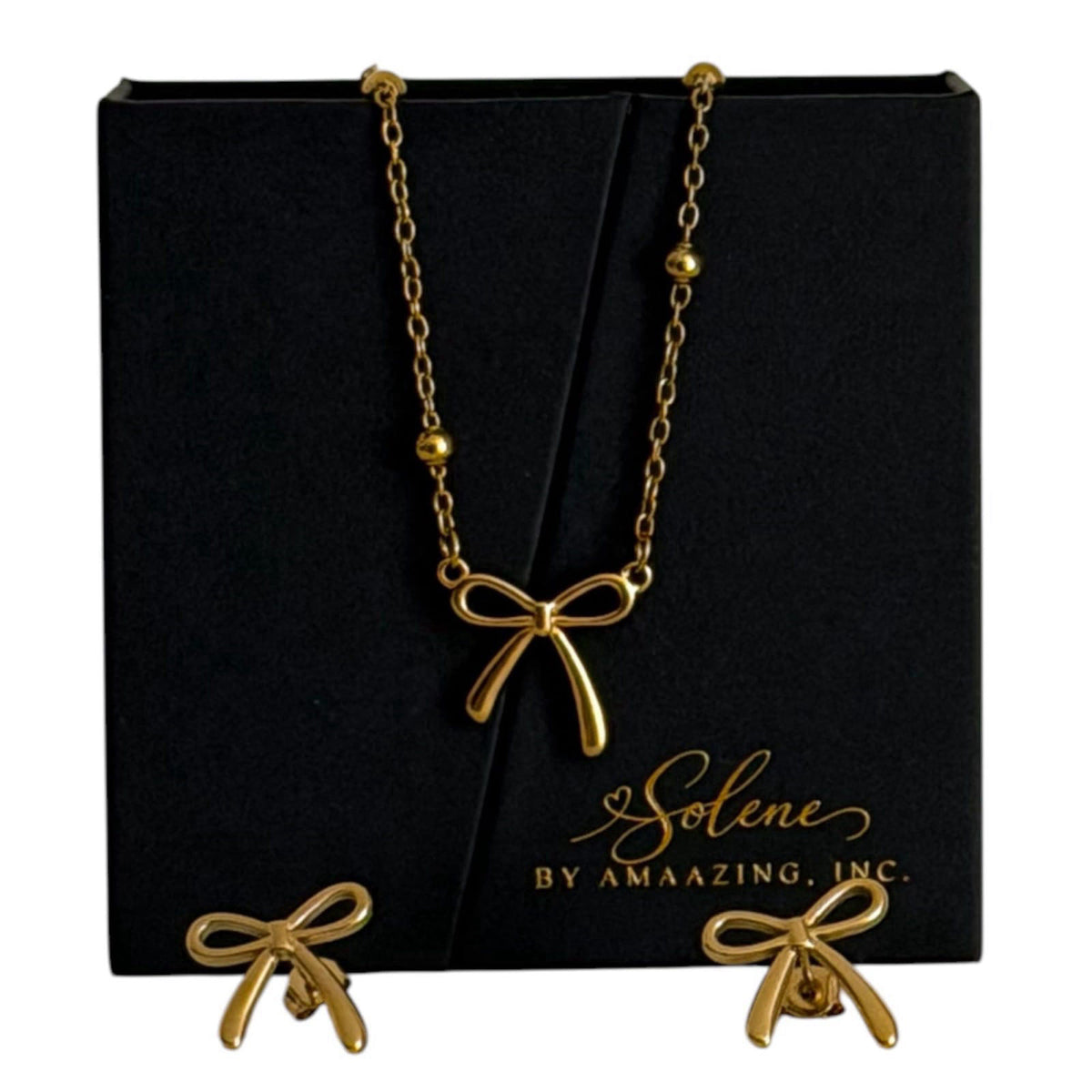 Amaazing, Inc. Solene 18K Gold Plated Hypoallergenic Stainless Steel Necklace & Earrings Set for Women, Elegant Ribbon-I