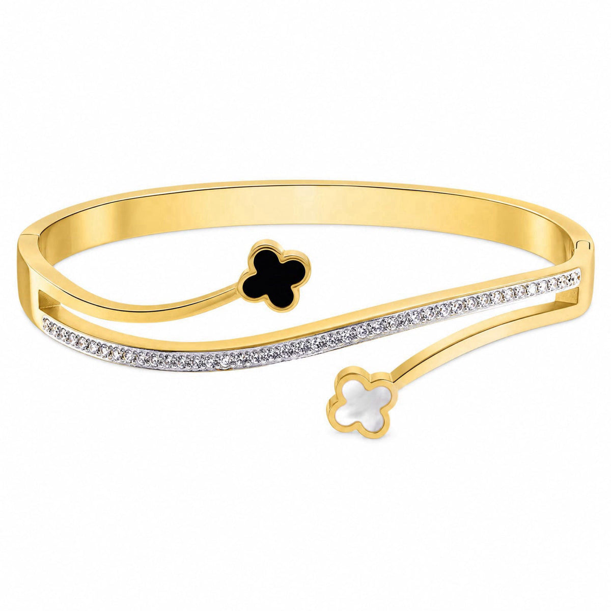 Indi Fashions Gold Clover Bracelet for Women – 14K Gold Plated Stainless Steel Bangle, Black & White Four Leaf Clover Je
