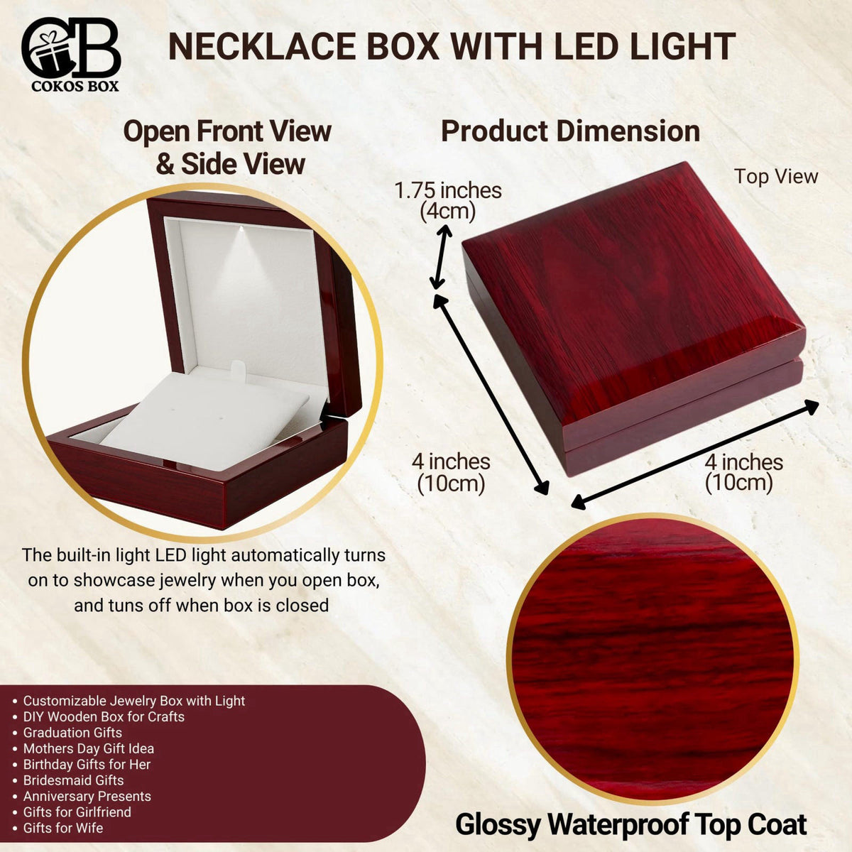 Cokos Box Necklace Box with LED Light – Small Jewelry Display Case for Bracelet, Earrings, or Chains – Luxury Lighted Wo