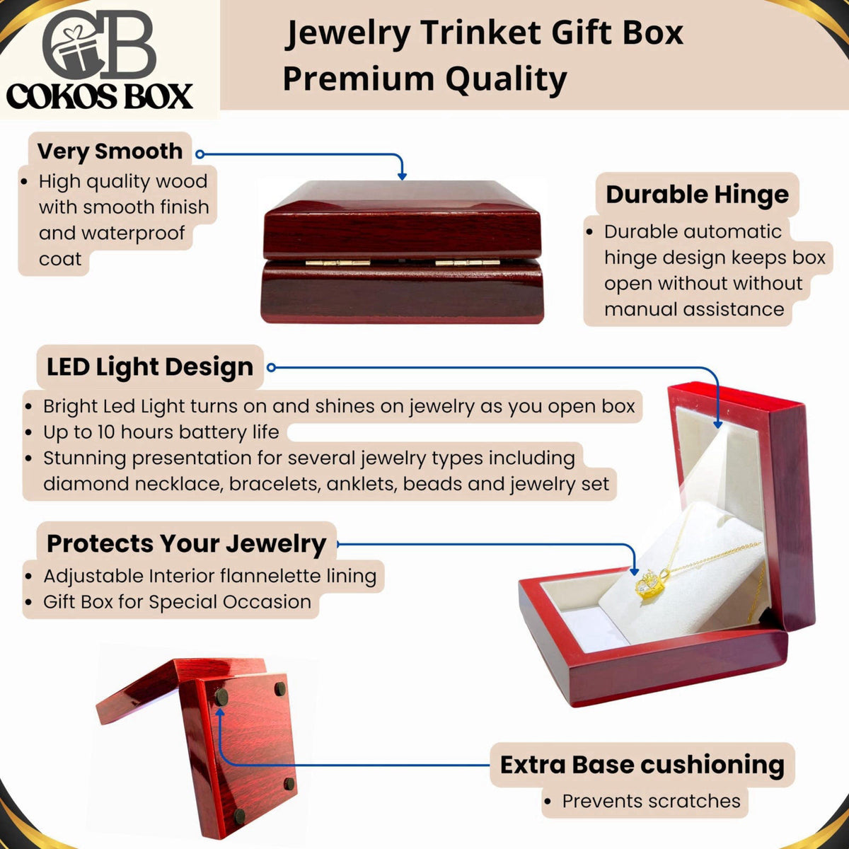 Cokos Box Necklace Box with LED Light – Small Jewelry Display Case for Bracelet, Earrings, or Chains – Luxury Lighted Wo