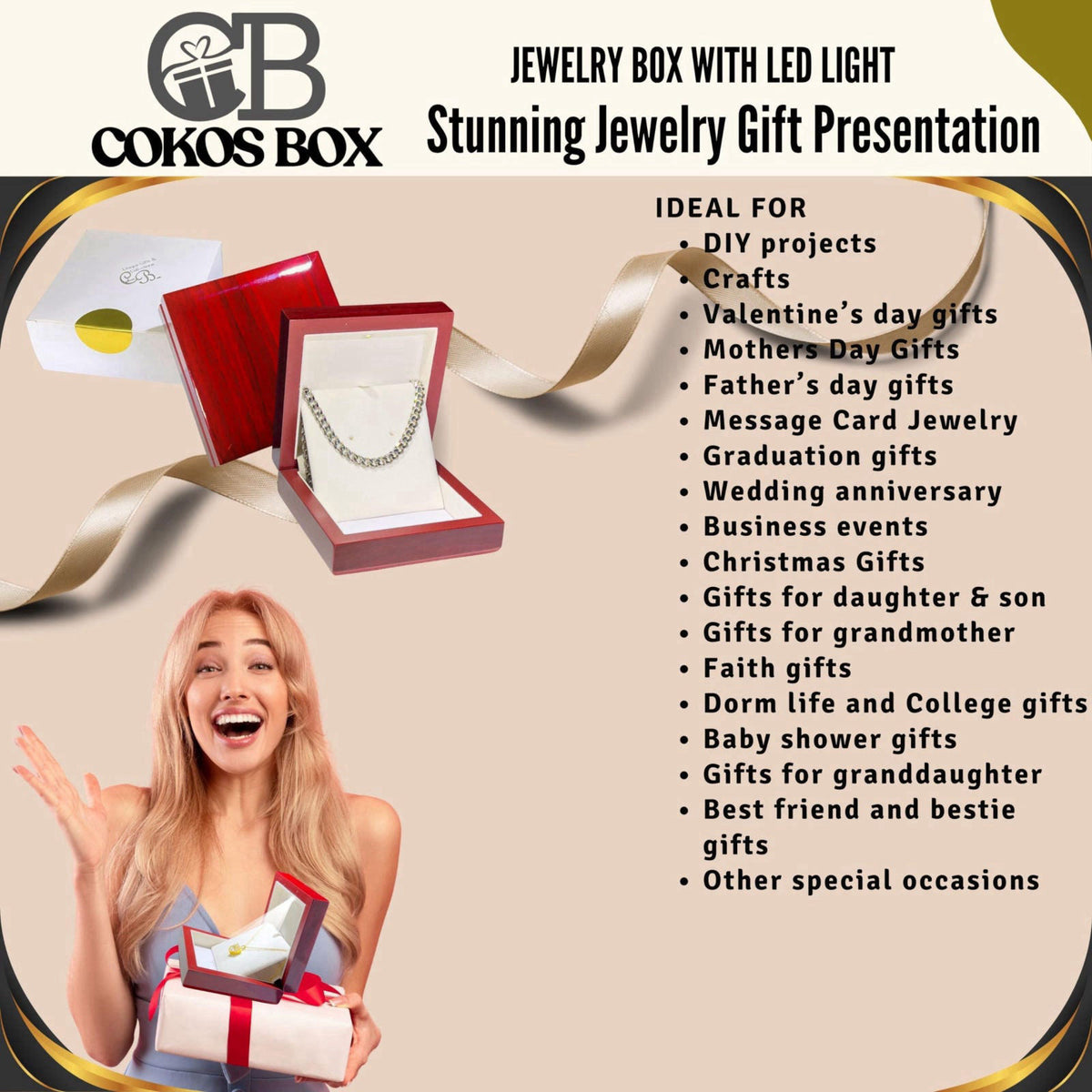 Cokos Box Necklace Box with LED Light – Small Jewelry Display Case for Bracelet, Earrings, or Chains – Luxury Lighted Wo