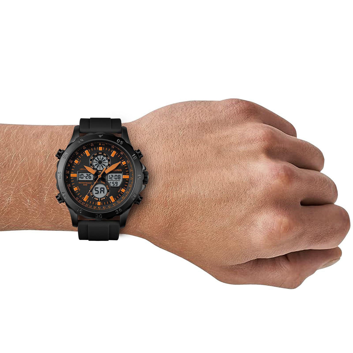 PINDOWS Mens Digital Analog Watches, Multifunction Sport Casual – back view and specifications