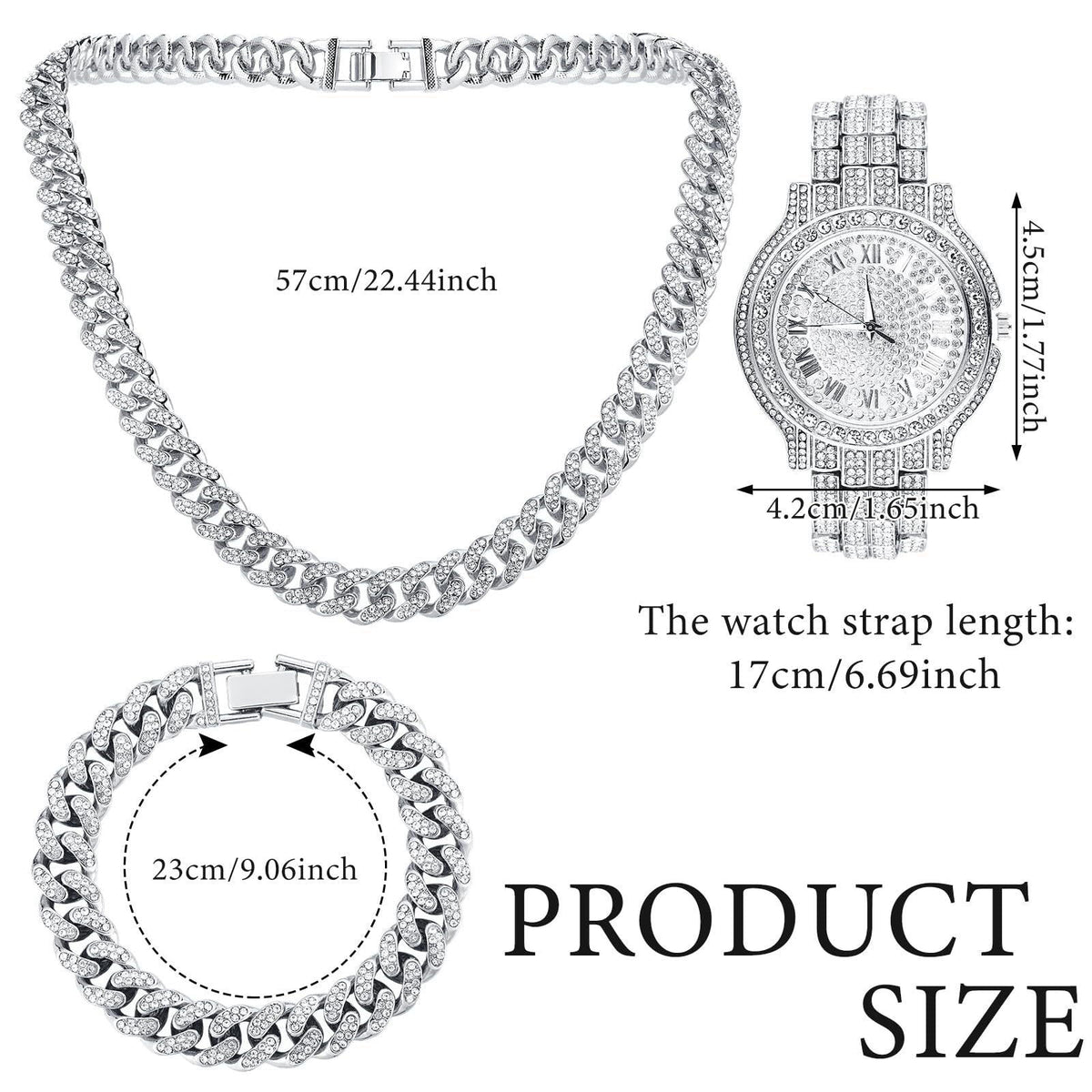 Huquary 4 Pcs Diamond Watch Halloween Costumes Link Chains – close-up detail in Silver