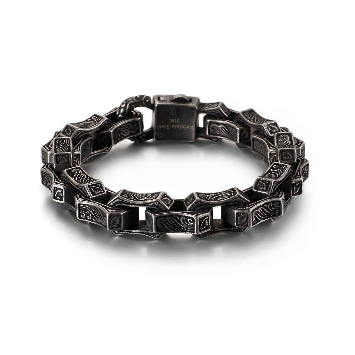 Klapgo Cuban Link Bracelet for Men Stainless Steel Wave Engraved Chain Men's Bracelet Vintage Silver Bracelet for Men Un