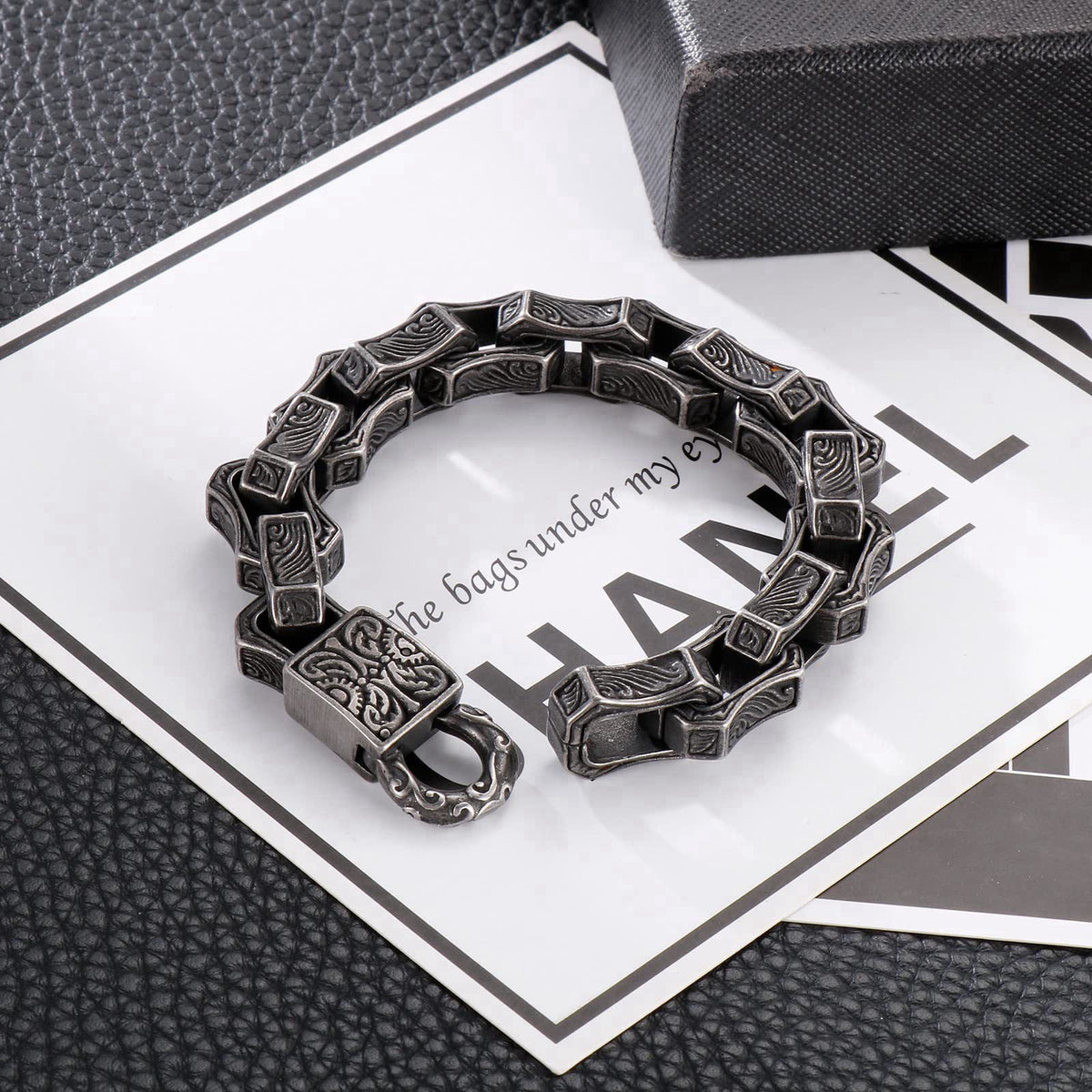 Klapgo Cuban Link Bracelet for Men Stainless Steel Wave Engraved Chain Men's Bracelet Vintage Silver Bracelet for Men Un