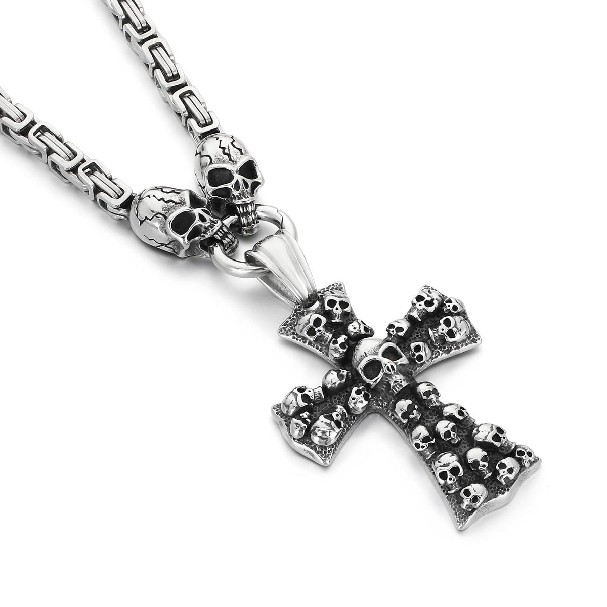 Klapgo Gothic Skull Snake Necklace for Men Women Stainless Steel Silver Tone Cuban Link Chain Punk Retro Mens Jewelry Pe