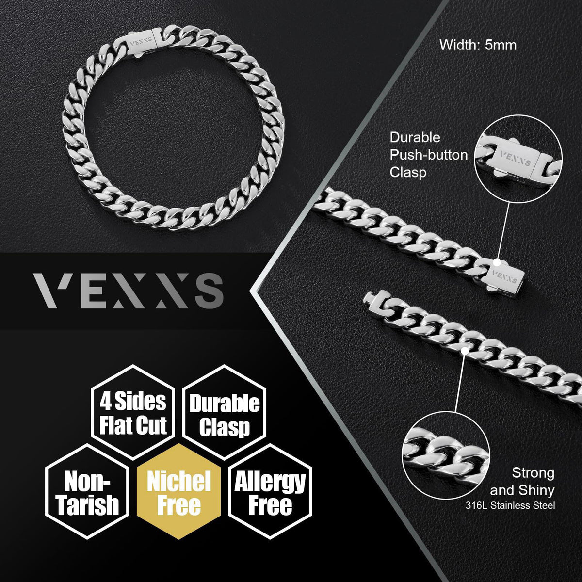 VEXXS Cuban Link Bracelet Flat Cut, 18K Real Gold Filled Stainless Steel Gold Bracelet, Durable No Color Fading 5mm 7mm 