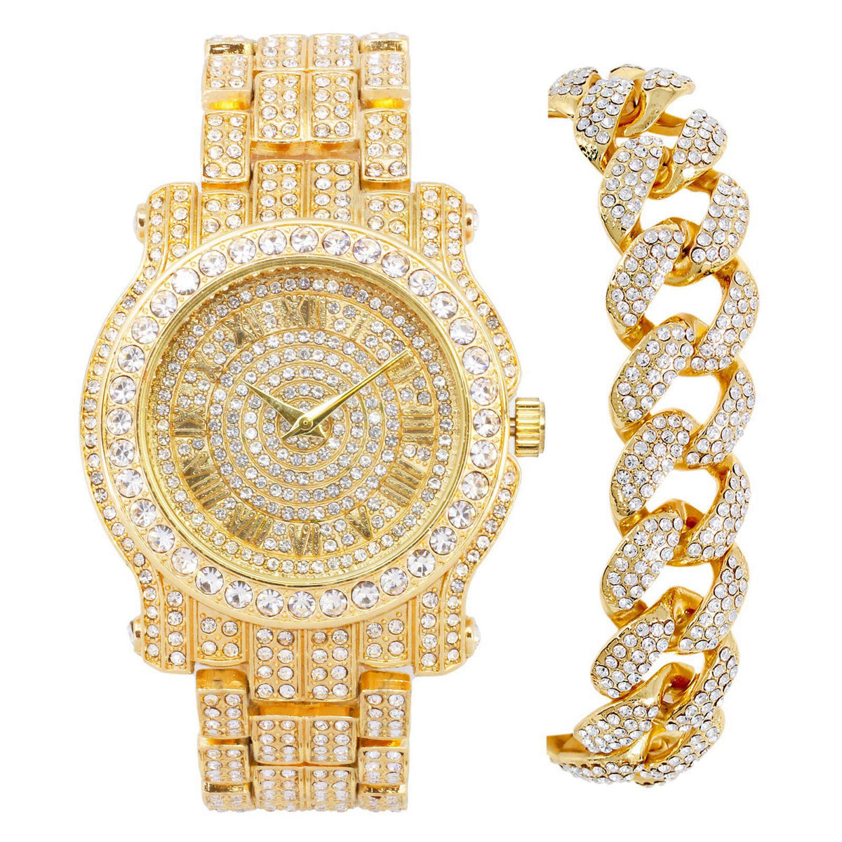 Techno Pave Men's 45mm Iced Out Roman Dial Watch & Bracelet Set – product photo (Link)
