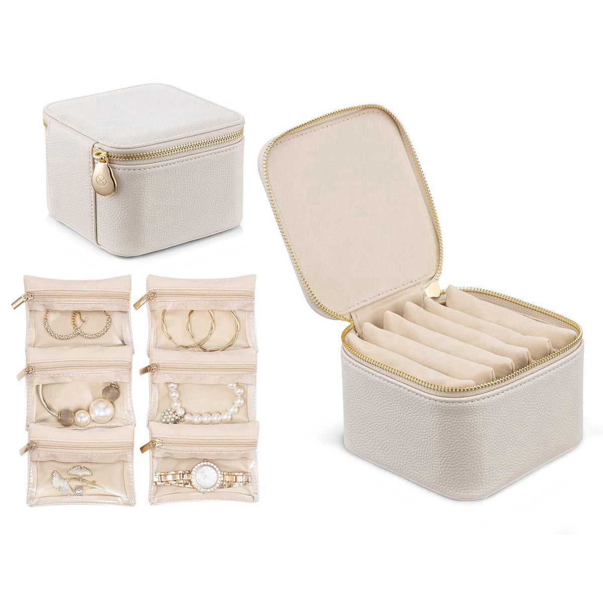 VLANDO Travel Jewelry Box Organizer with 6 Zippered Pouches, Offwhite