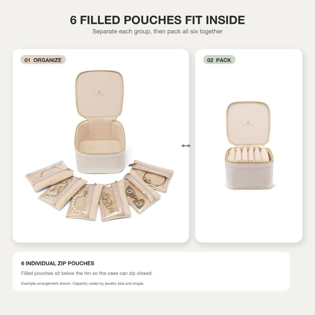 VLANDO Travel Jewelry Box Organizer with 6 Zippered Pouches, Offwhite – back view and specifications