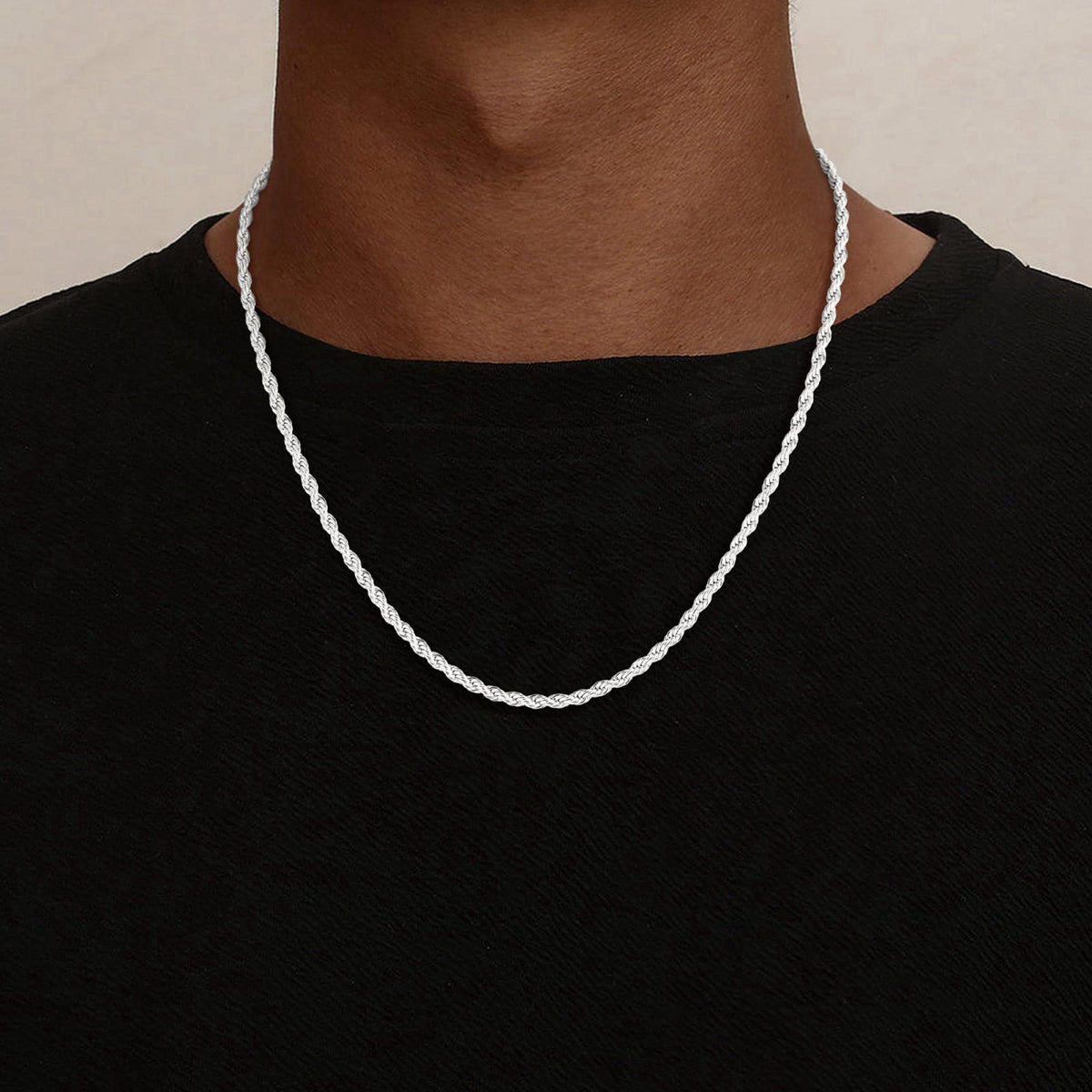 Maxcate 925 Sterling Silver Rope Chain for Men 3mm/4mm – close-up detail in Silver 20 inches