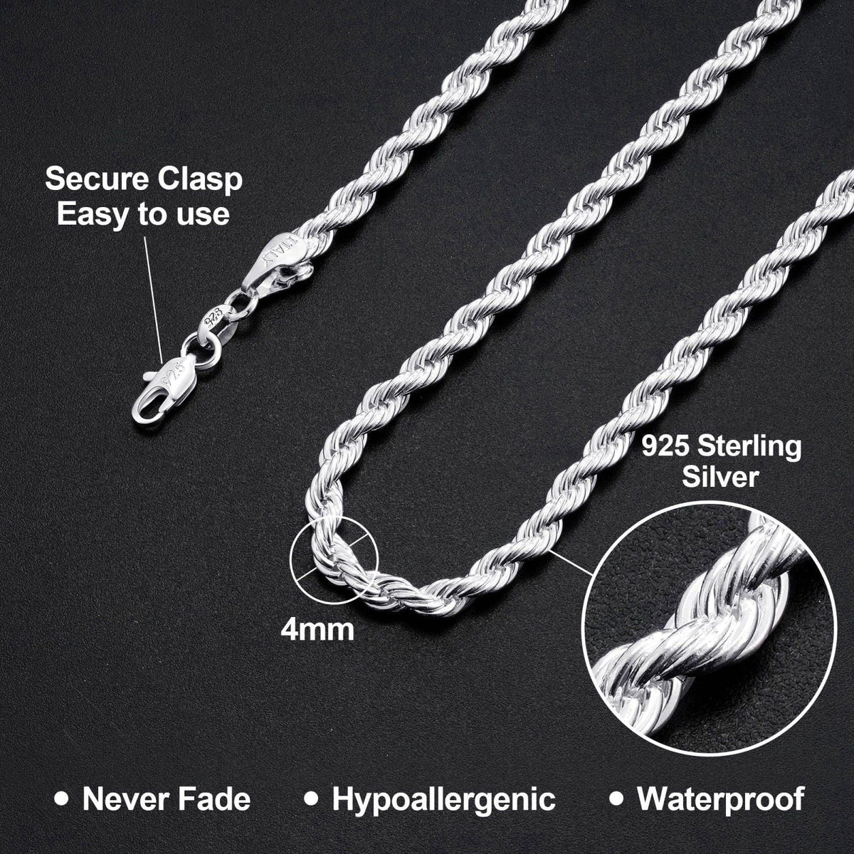 Maxcate 925 Sterling Silver Rope Chain for Men 3mm/4mm – packaging and label