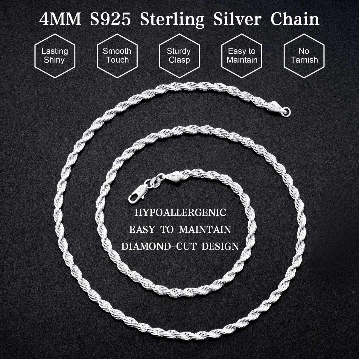 Maxcate 925 Sterling Silver Rope Chain for Men 3mm/4mm – full view, size 20 Inches