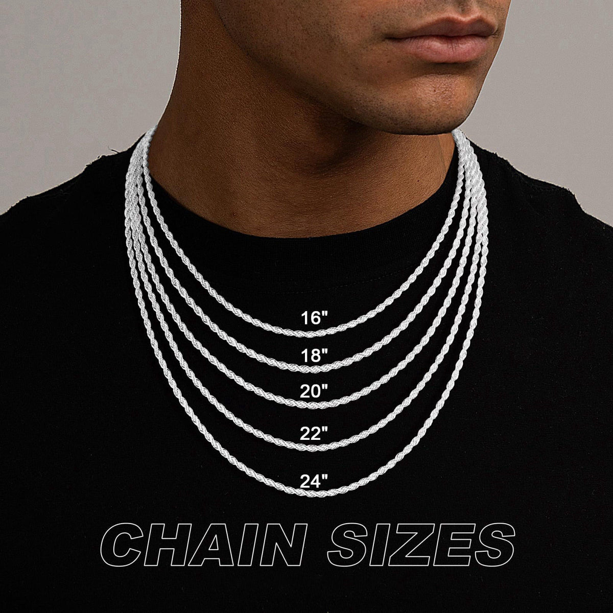 Maxcate 925 Sterling Silver Rope Chain for Men 3mm/4mm – back view and specifications