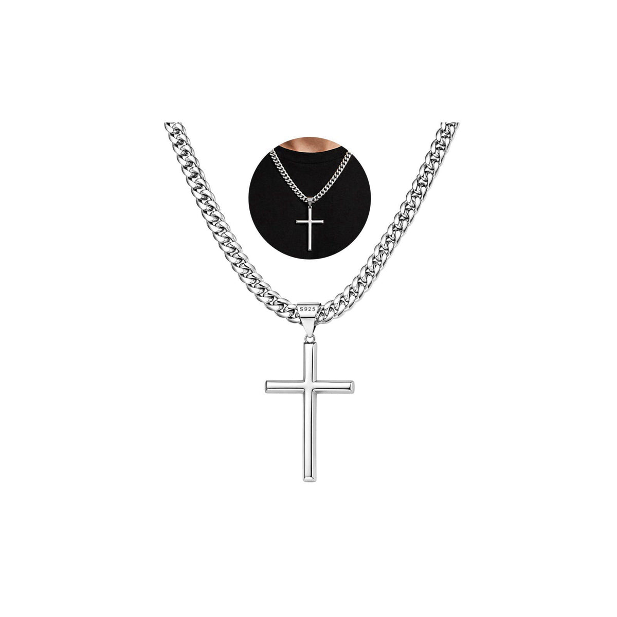 Kinimore 925 Sterling Silver Cross Necklace for Men, 18K Gold Plated 5mm 316L Steel Cuban Link Silver Chain for Men, Hyp