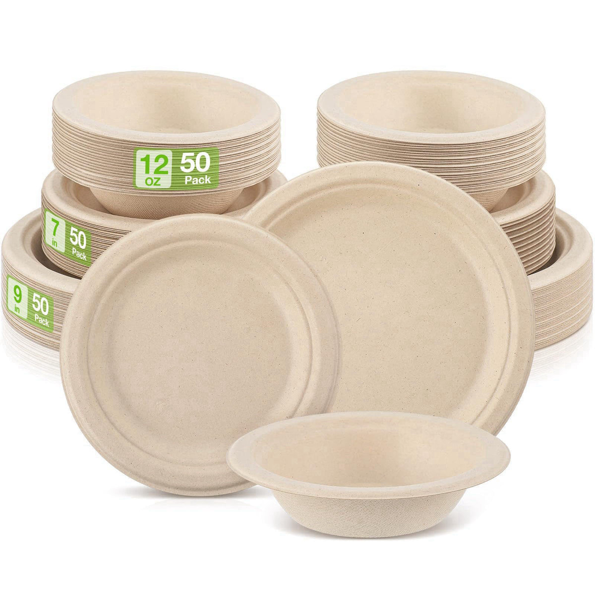 Havawish 150 Pcs Compostable Paper Plates and Bowls Set, 7 Inch 9 Inch 12oz – Wood, straw fibers