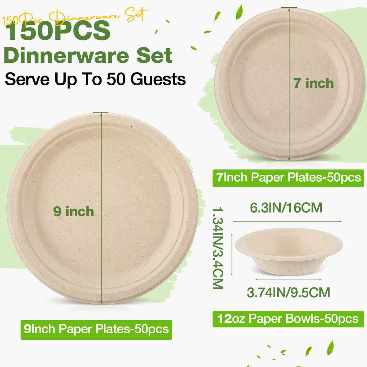 Havawish 150 Pcs Compostable Paper Plates and Bowls Set, 7 Inch 9 Inch 12oz – packaging and label