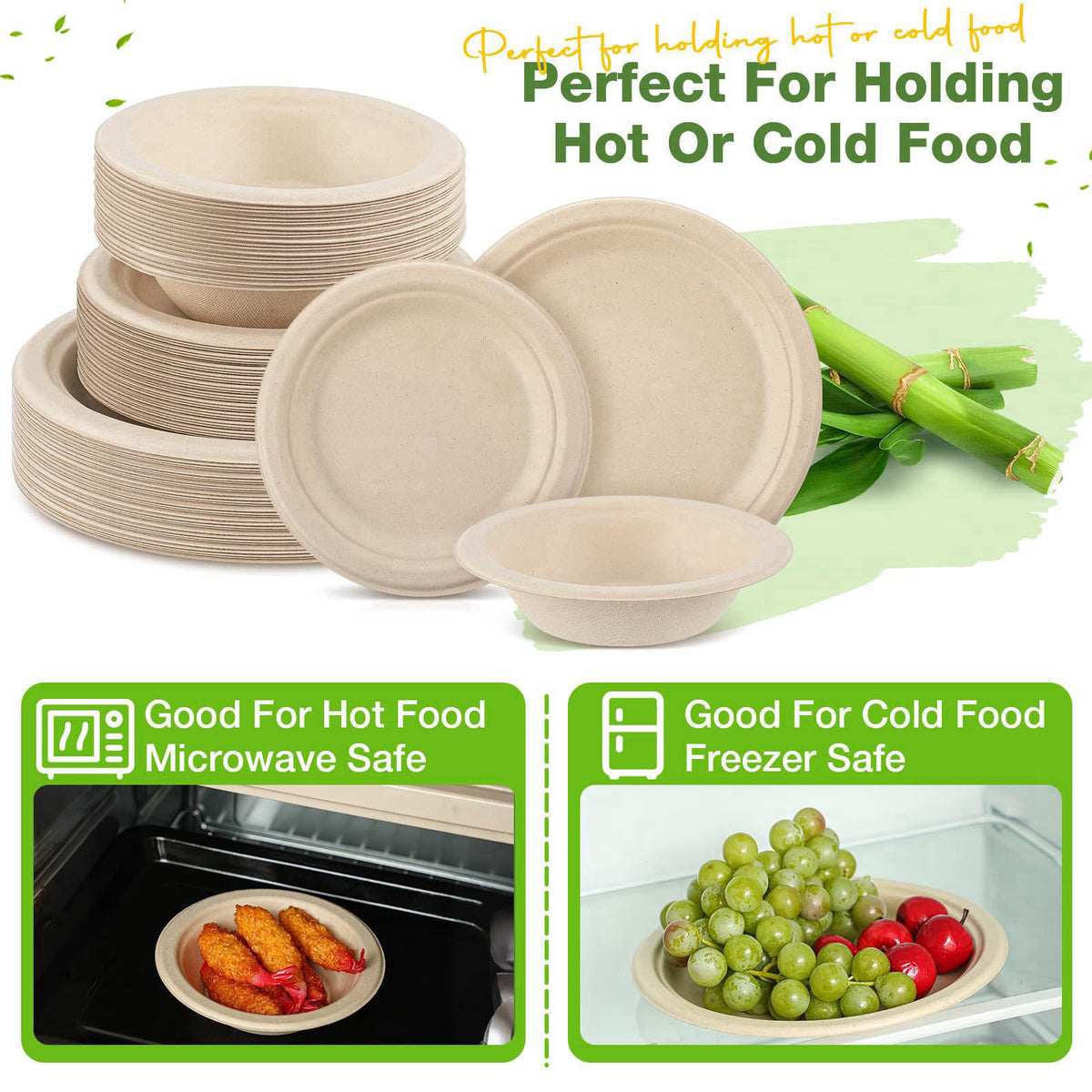 Havawish 150 Pcs Compostable Paper Plates and Bowls Set, 7 Inch 9 Inch 12oz – back view and specifications