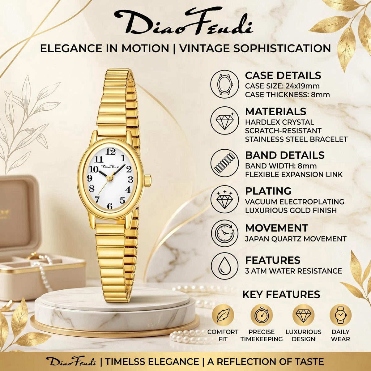 Diaofendi 3 Sizes (S/M/L) Small Gold Watches for Women - Fit 5"-8" Expansion Band, Valentine's Day Gifts for Mom