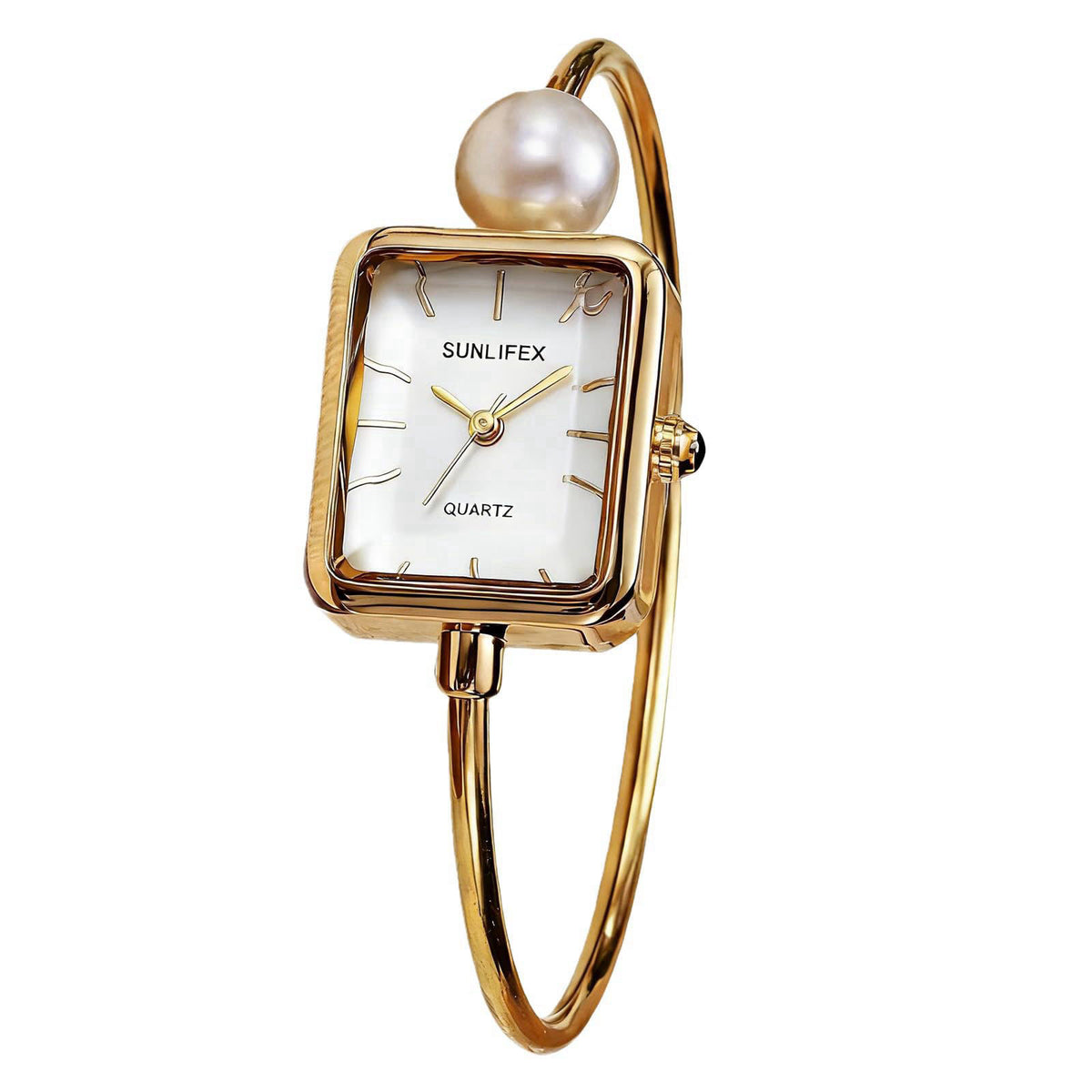 Gosasa Pearl Bangle Watch for Women, Gold Bracelet Watch with Square Easy Read Dial, Dainty Elegant Cuff Watch for Women
