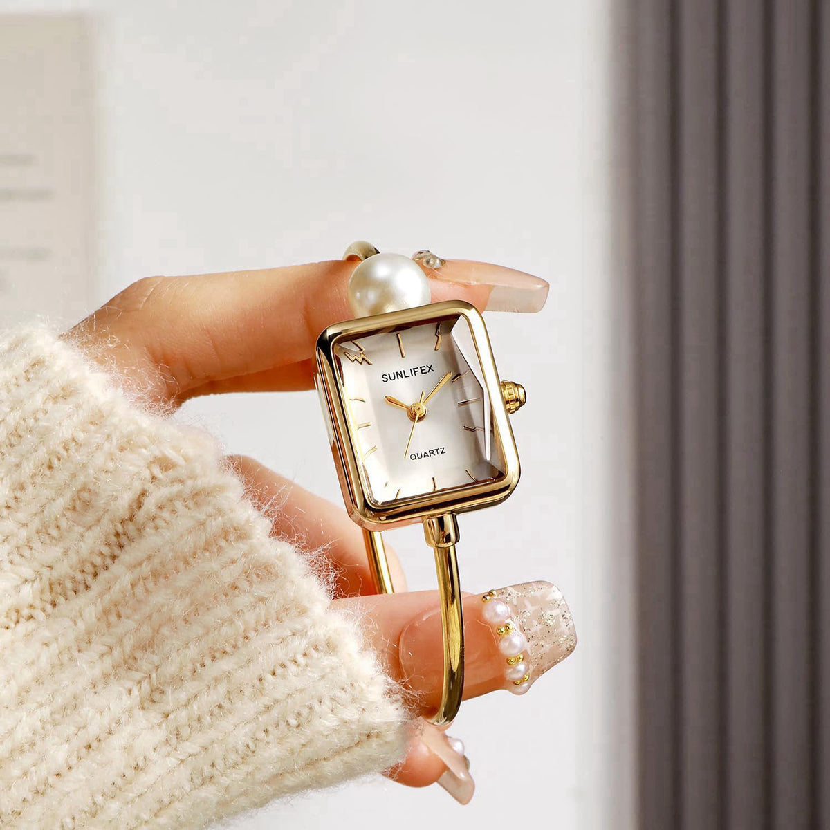 Gosasa Pearl Bangle Watch for Women, Gold Bracelet Watch with Square Easy Read Dial, Dainty Elegant Cuff Watch for Women