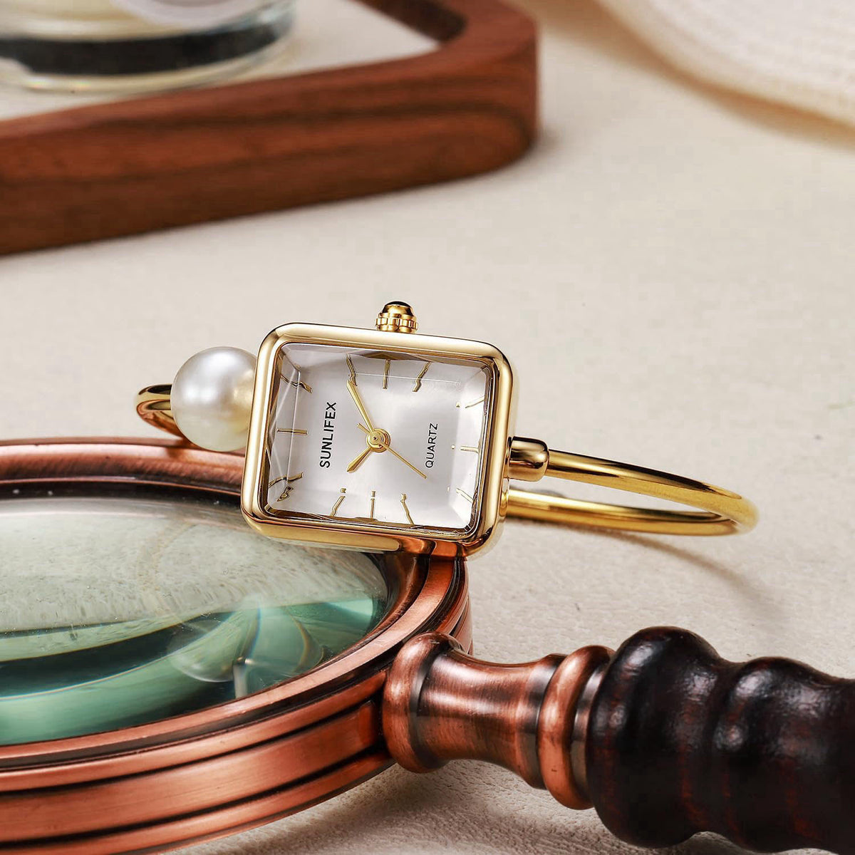 Gosasa Pearl Bangle Watch for Women, Gold Bracelet Watch with Square Easy Read Dial, Dainty Elegant Cuff Watch for Women