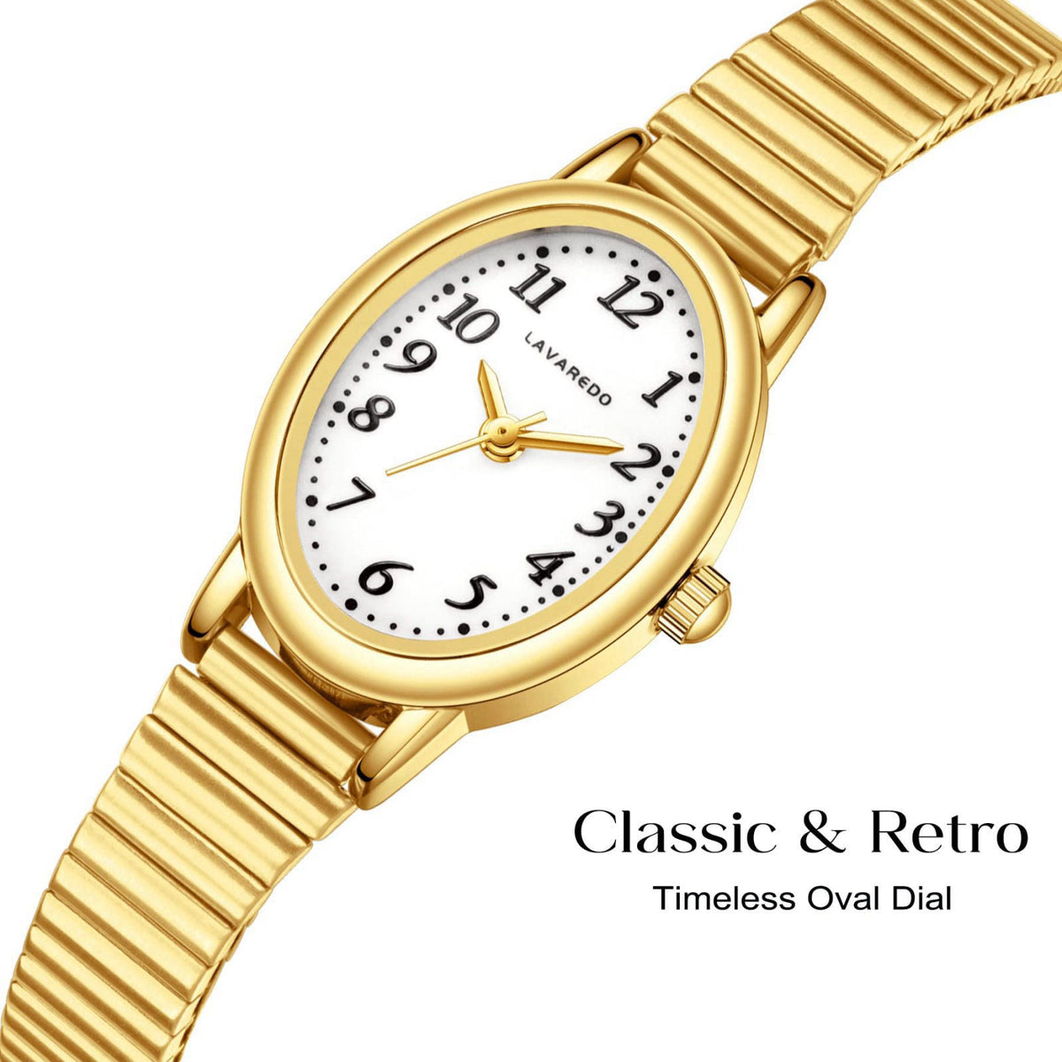 VTAIGE Small Gold Watch for Women, Oval Case, Analog, Steel Expansion Band – packaging and label