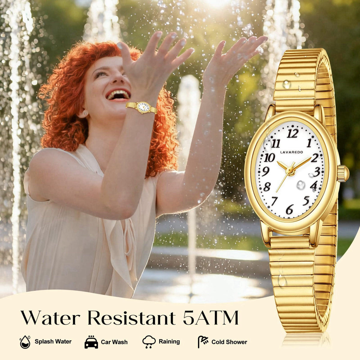 VTAIGE Small Gold Watch for Women, Oval Case, Analog, Steel Expansion Band – full view