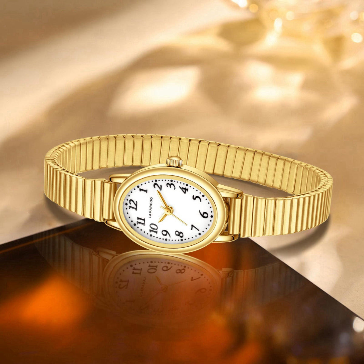 VTAIGE Small Gold Watch for Women, Oval Case, Analog, Steel Expansion Band – back view and specifications