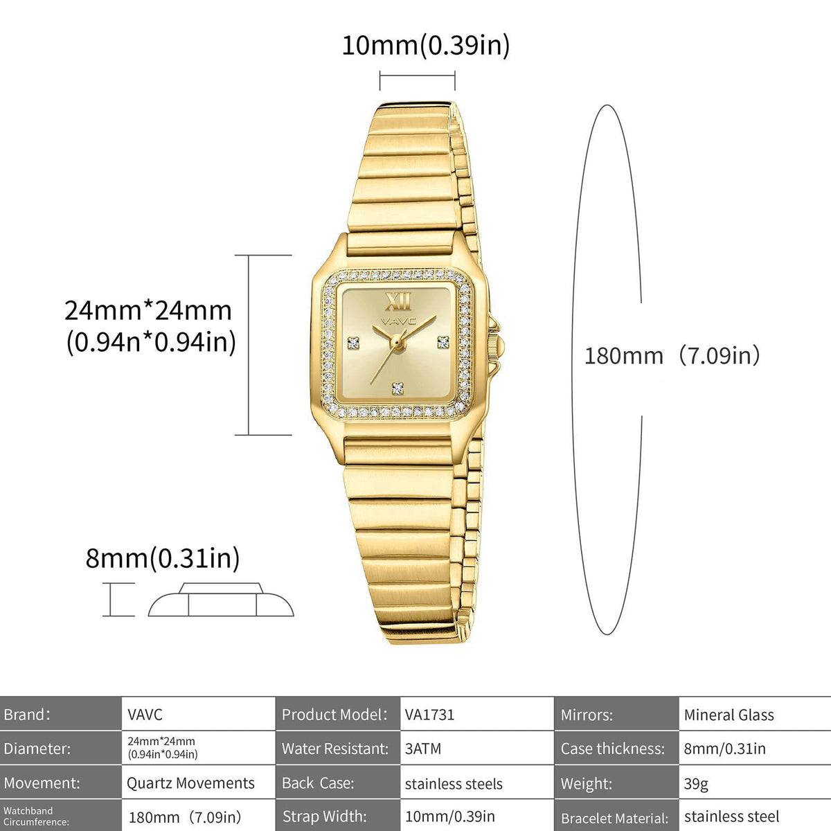 VAVC Small Gold Watches for Women Vintage Ladies' Diamond Watch with Rectangular Case,Minimalist Dial,Stainless Steel Ba