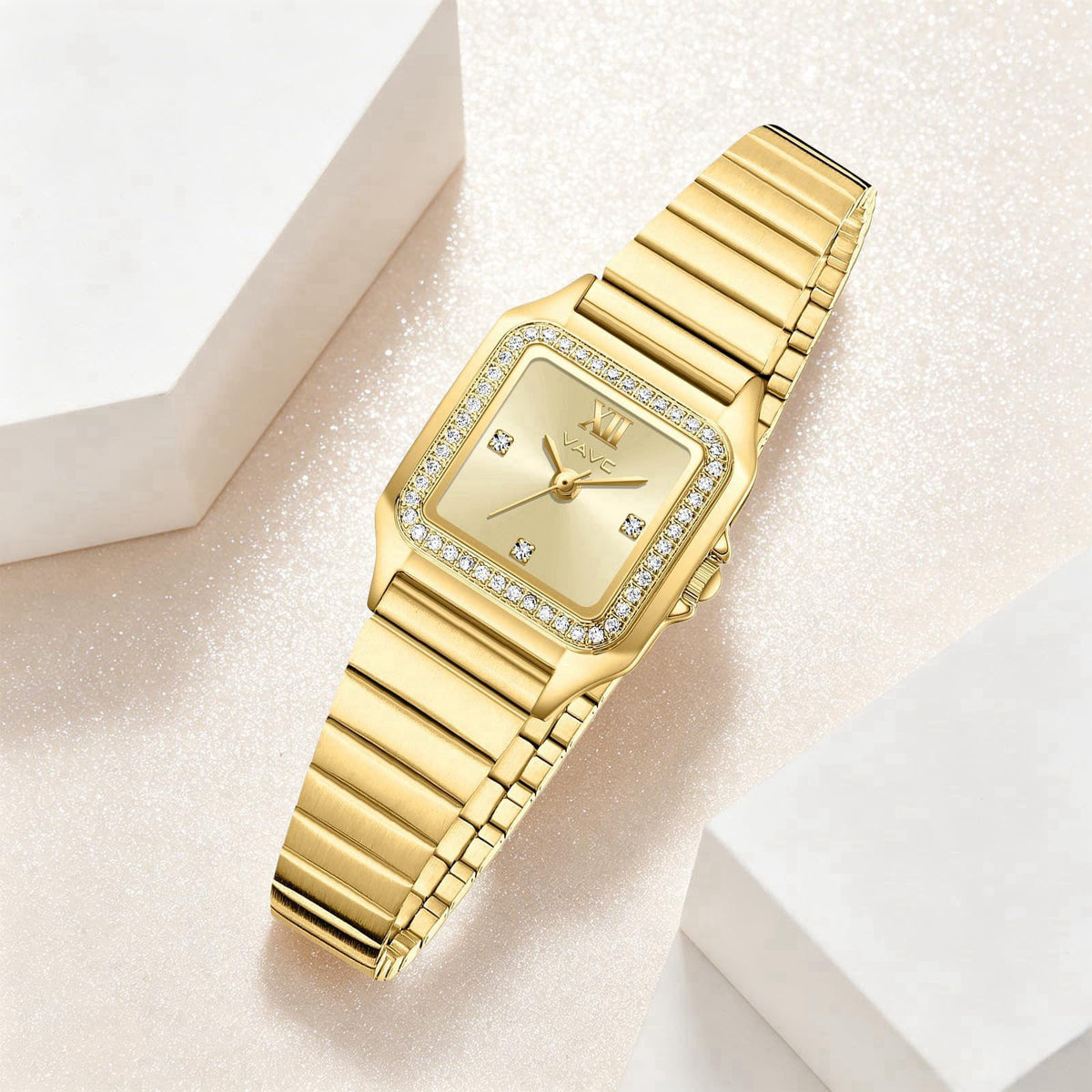 VAVC Small Gold Watches for Women Vintage Ladies' Diamond Watch with Rectangular Case,Minimalist Dial,Stainless Steel Ba