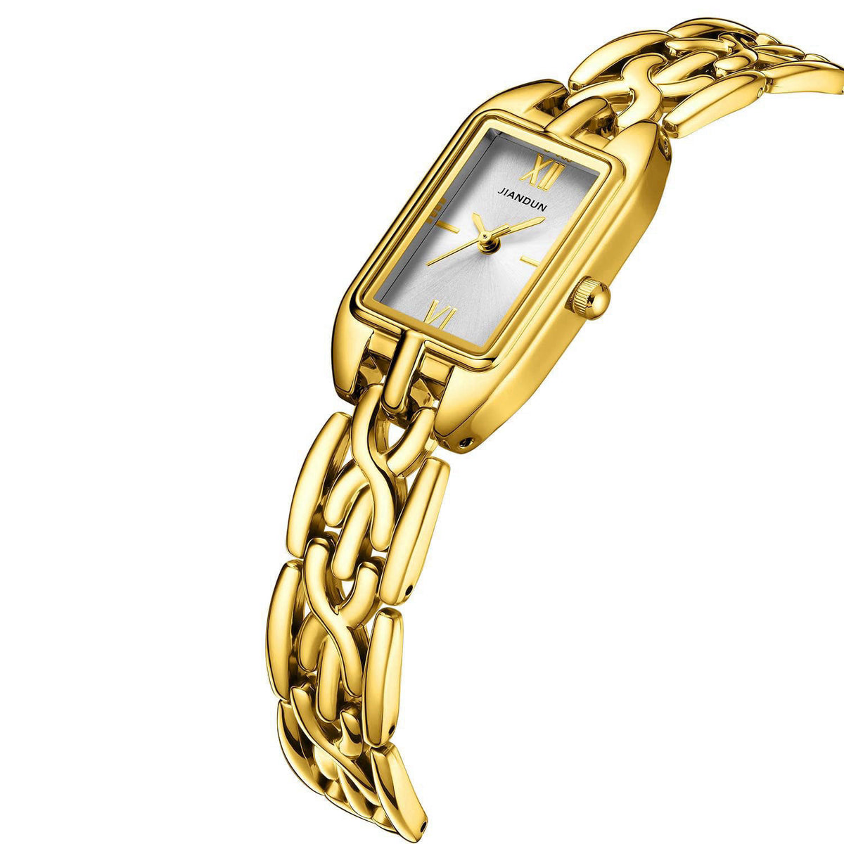JIANDUN Classic Vintage Square Gold Tone Women Bracelet Watch with Adjustable Band, Water-Resistant – close-up detail in