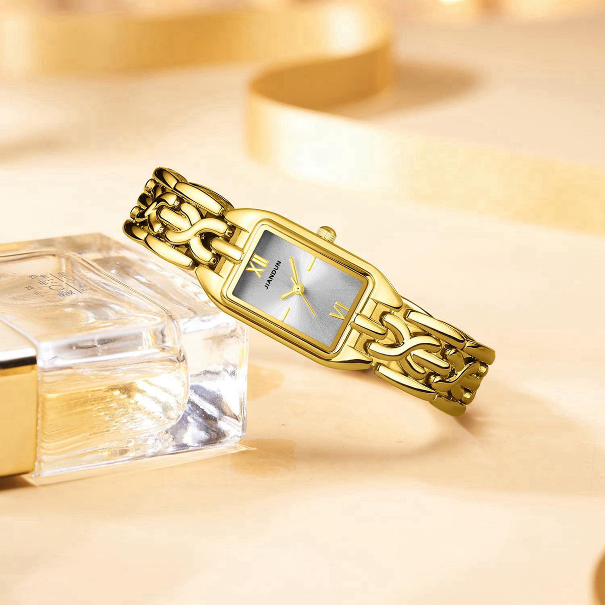 JIANDUN Classic Vintage Square Gold Tone Women Bracelet Watch with Adjustable Band, Water-Resistant – full view
