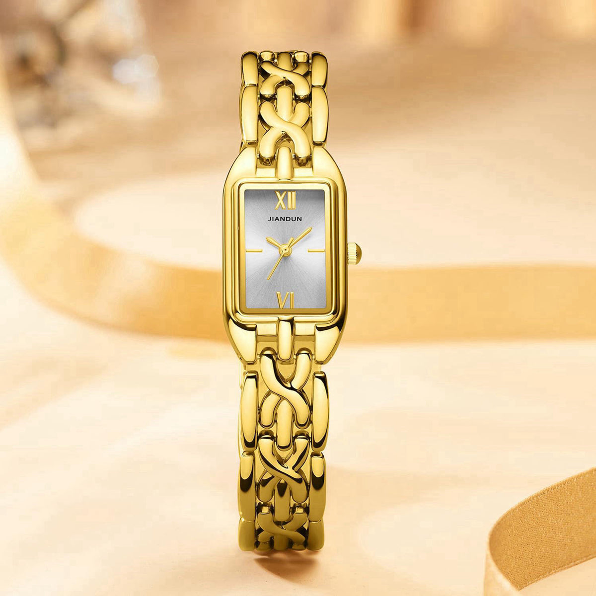 JIANDUN Classic Vintage Square Gold Tone Women Bracelet Watch with Adjustable Band, Water-Resistant – back view and spec