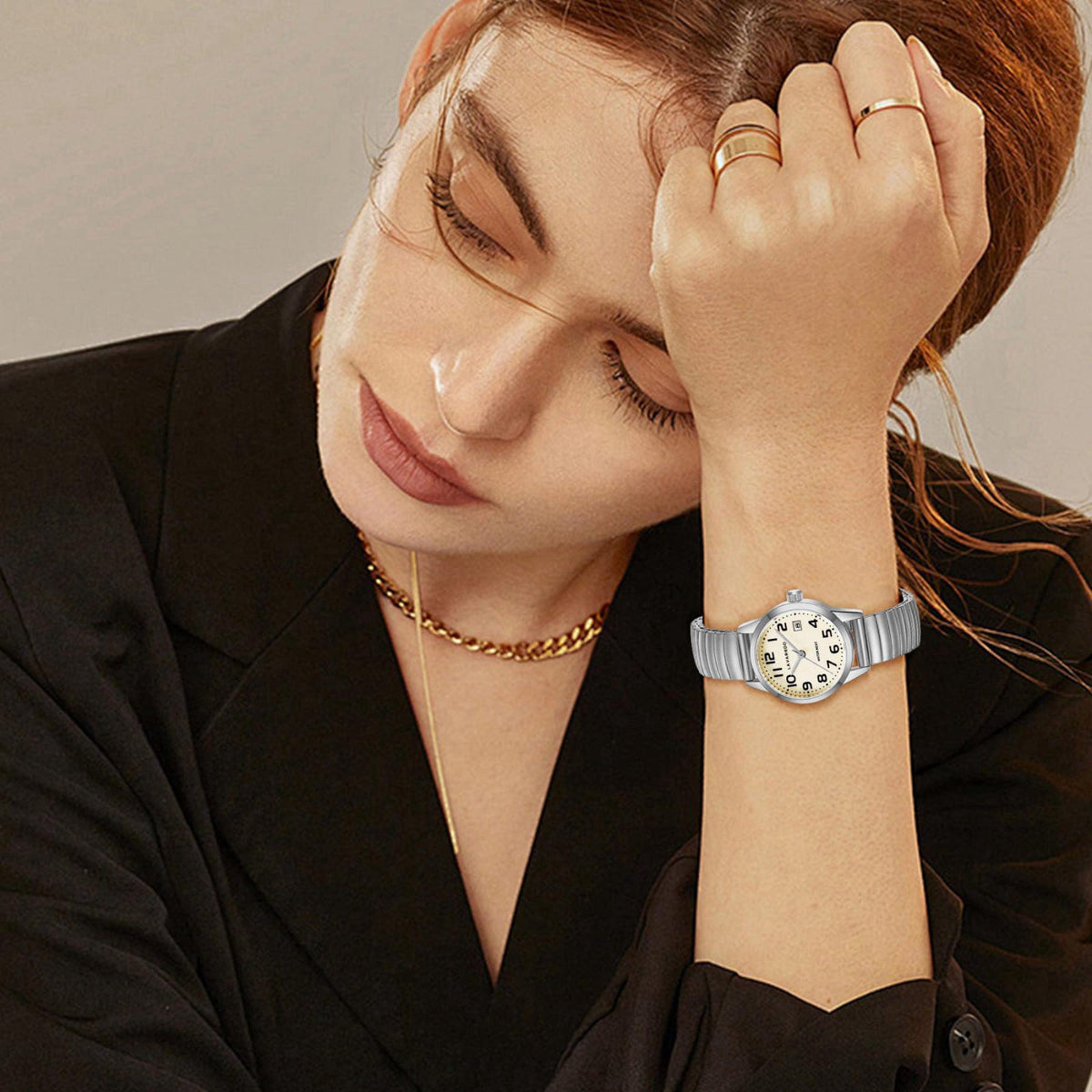 VTAIGE Gold Watches for Women Small Wrist Ladies Stainless Steel Expansion – close-up detail in SilverWhite