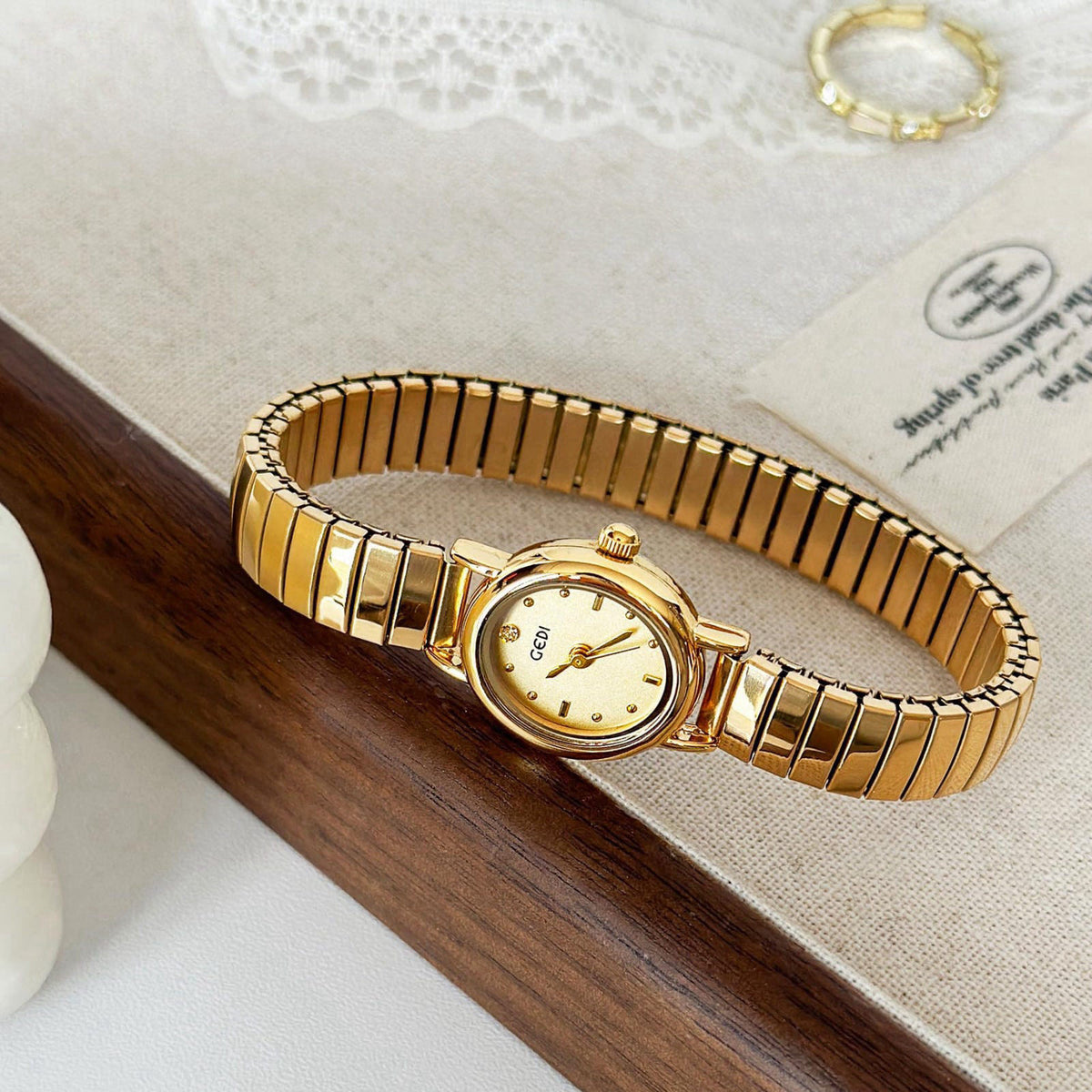 FANMIS Small Gold Watches for Women Oval Dial Leather Band Dress Wristwatch – alternate angle