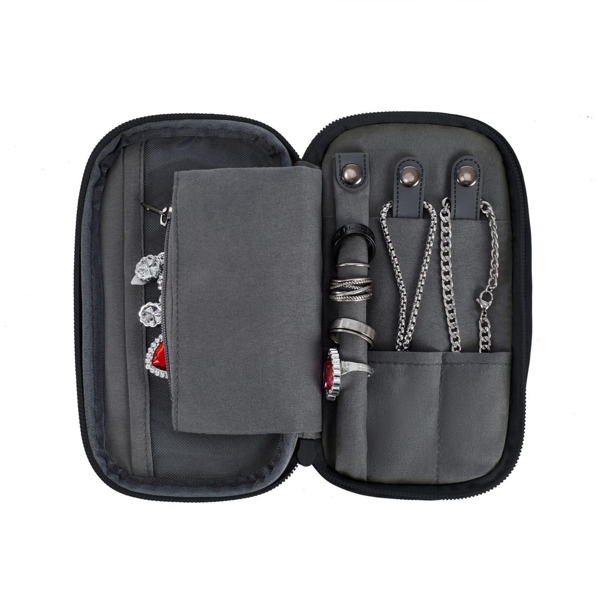 Travelon 2-in-1 Jewelry & Tech Organizer – back view and specifications
