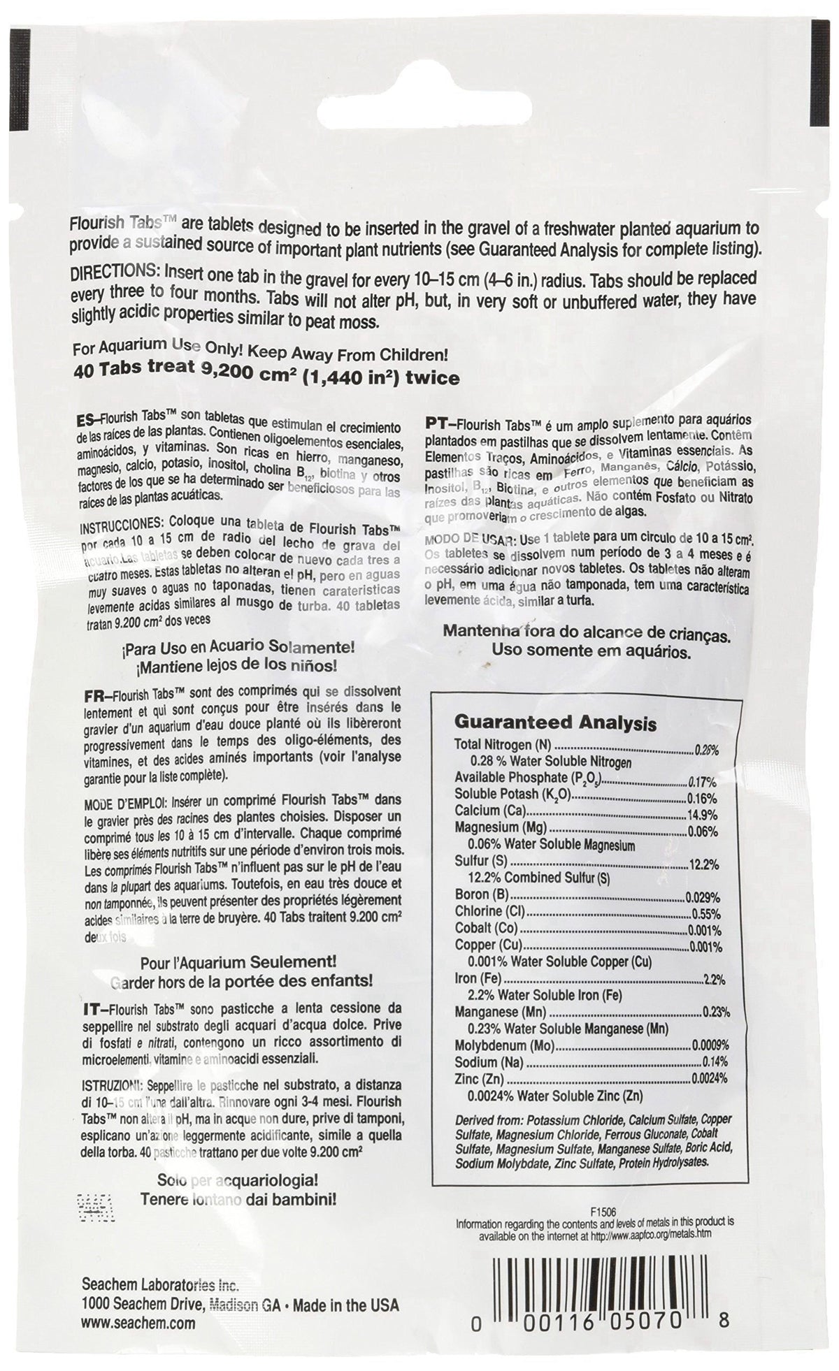 Seachem Flourish Tabs 40 tab Pack – back view and specifications
