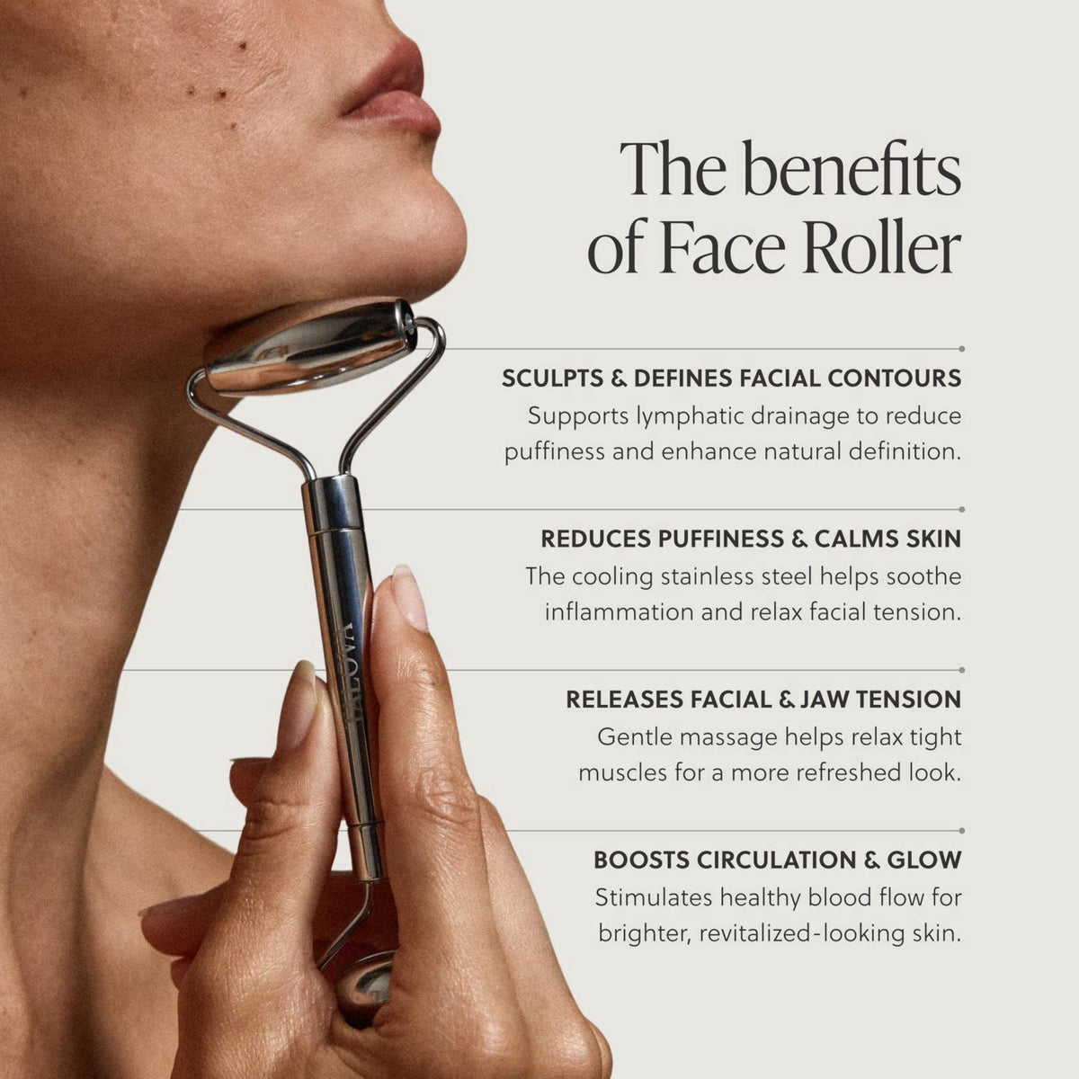TALOVA 304-Grade Stainless Steel Facial Roller – close-up detail in Silver