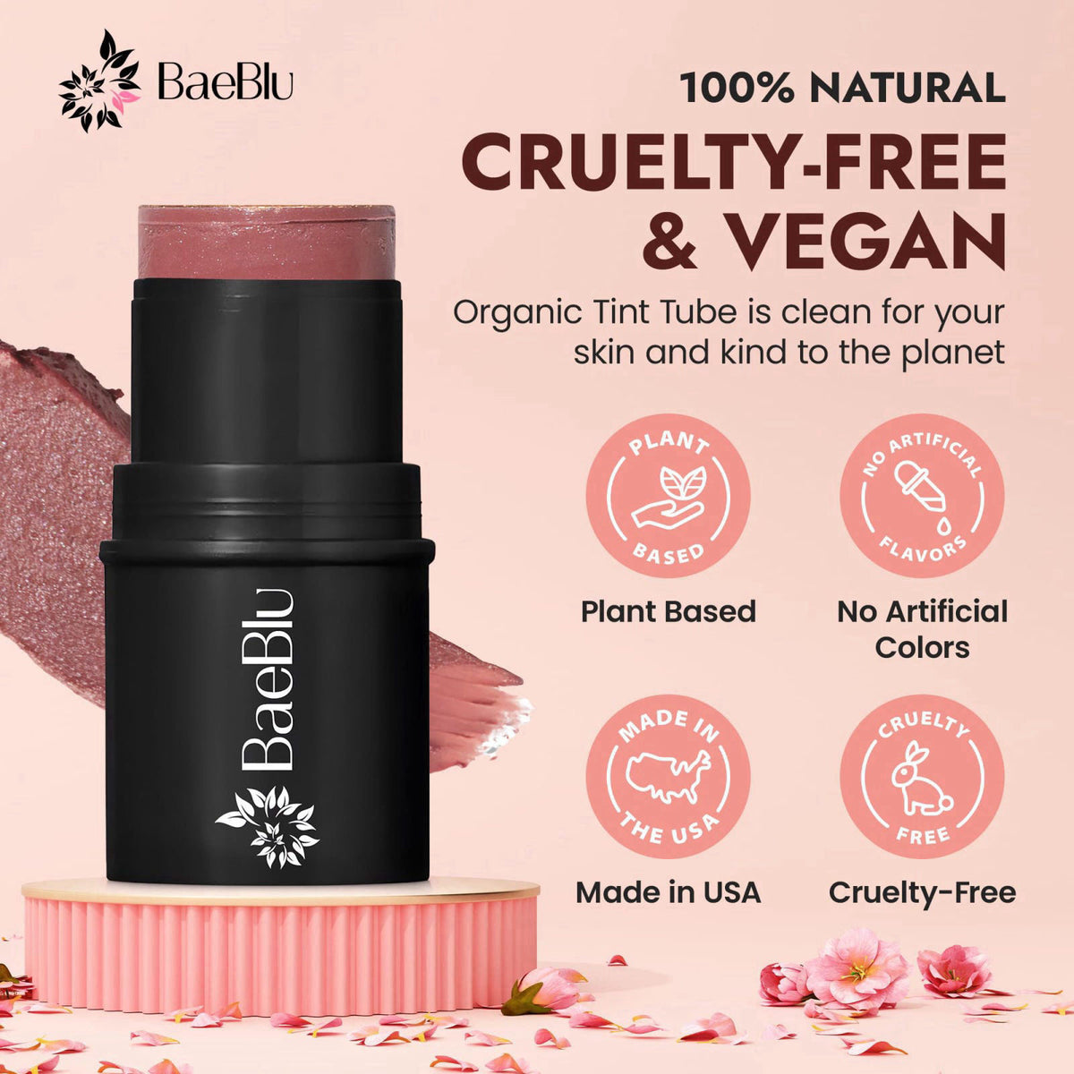 BaeBlu Organic Cream Blush Stick, 100% Natural, Made in USA, Cabernet – close-up detail in Cabernet